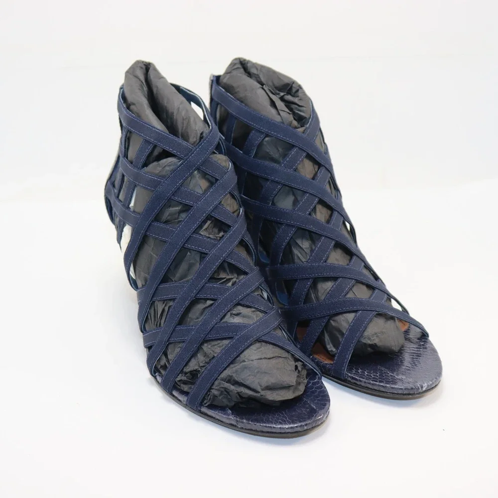 Donald‎ J Pliner Wedge Sandals 10M Blue Womens Strappy Snakeskin Denim Heels